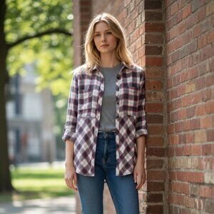 Free People Plaid Pink & Grey Button Down Shirt Size L